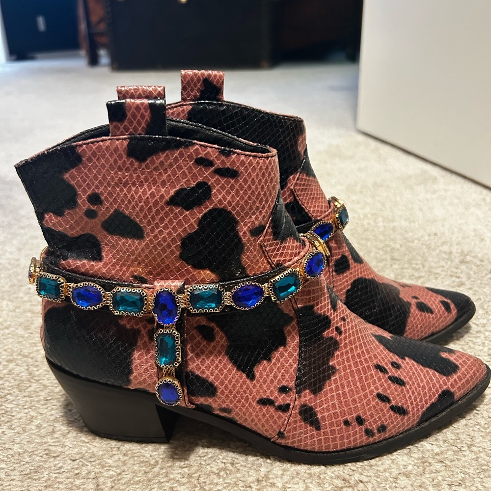 Stylish Pink and Black Jeweled Ankle Cowgirl Boots